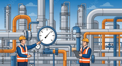 Workers inspecting industrial equipment at a factory facility.