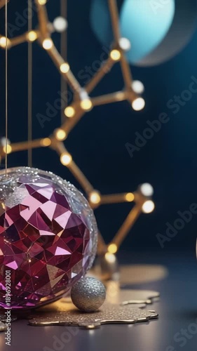 Faceted pink ornament and warm string lights with night blue background
