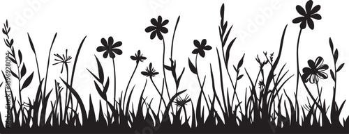Vector illustration of a spring meadow silhouette featuring grass, dandelions, and daisies with flying butterflies isolated on white for nature and garden design