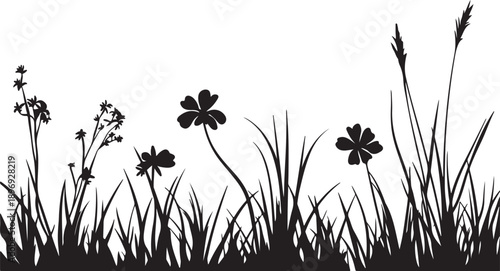 A vibrant spring meadow vector illustration featuring grass and flower silhouettes with butterflies and a floral border design set against a summer garden sky