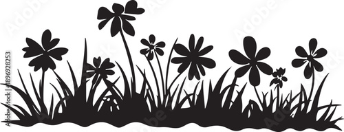 A tropical summer nature illustration featuring a sunset beach with grass and flowers vector silhouettes, palm trees, and floral leaf patterns for a Hawaiian island paradise travel design