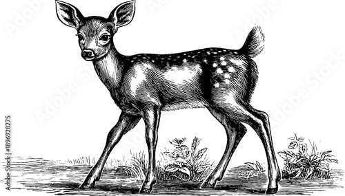 Vintage botanical engraving of a deer fawn: hand-drawn 19th century juvenile animal illustration