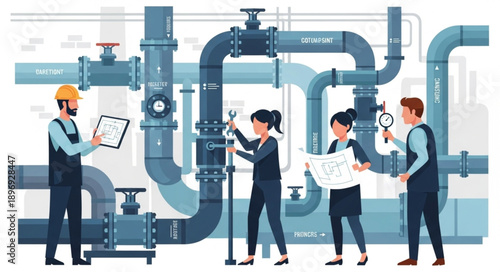 Plumbers working on industrial pipes and valves system.