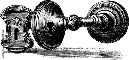 Intricate 19th century door handle and lock with vintage botanical engraving - design for historical restoration