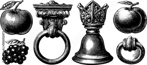 Ornate metal door knockers and botanical fruits engraving - vintage 19th century design for print