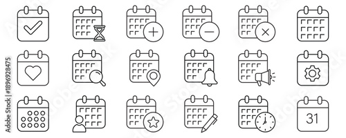 Calendar Web Icon Set in Line Style. Collection of Calendars Linear Icons, Including schedule, months, days, weeks, reminders, time management, deadline, planning and More. Editable Stroke