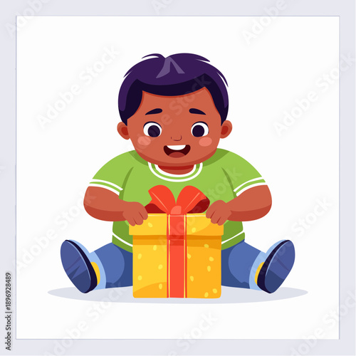 Happy Cartoon Boy Opening Gift Box.
