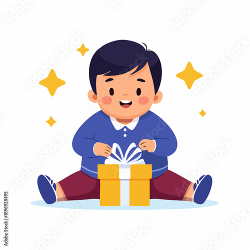 Young Boy Opening Gift Box with Surprise.