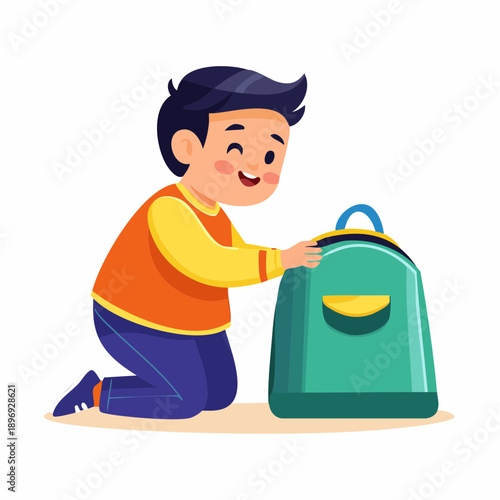 Young Boy Packing Green Backpack with Care.