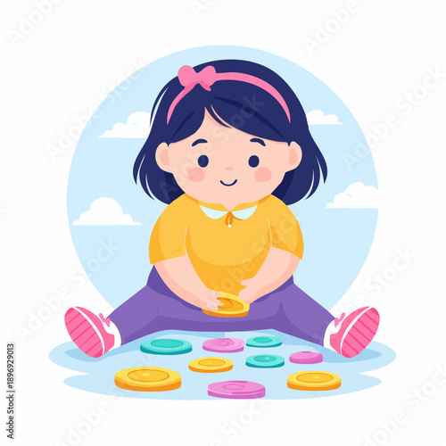 Young Girl Playing with Colorful Coins.