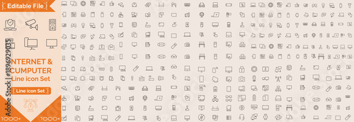Internet and Computer icons set. Includes laptop, desktop, network, cloud, WIFI, coding, data, email, browser, and storage. Editable stroke. Line icons. Perfect for infographics, apps and web hosting.