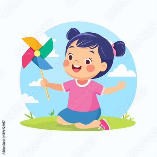 Little Girl Holding Colorful Pinwheel Outdoors.