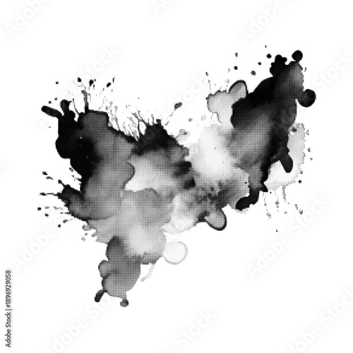 Abstract black ink splash with halftone texture isolated on white background. Grunge paint blot illustration for design, poster, branding, print, and modern visual concepts.