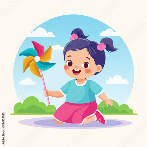 Young Girl Holding Colorful Pinwheel Outdoors.
