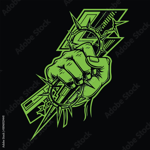 Aggressive Fist Holding Spiked Weapon Illustration with Geometric Patterns and Sharp Edges
