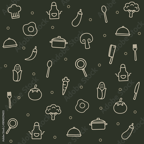 Adorable outlined kitchen pattern with charming utensils and food ingredients scattered on a dark grey background. Great for modern kitchen graphics, restaurant branding, menu and packaging designs.