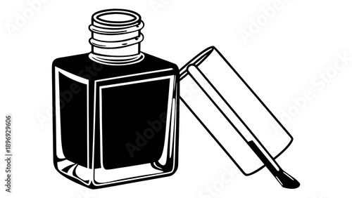 A bottle of nail polish and brush on a clean white surface viewed from the side