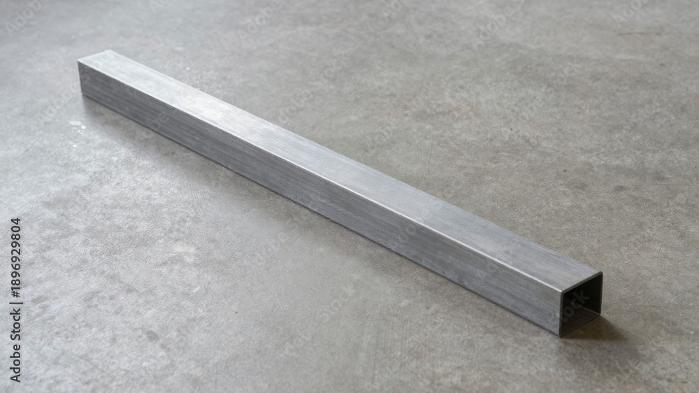 Fototapeta premium Long rectangular aluminum bar placed diagonally on industrial concrete floor with sharp shadows