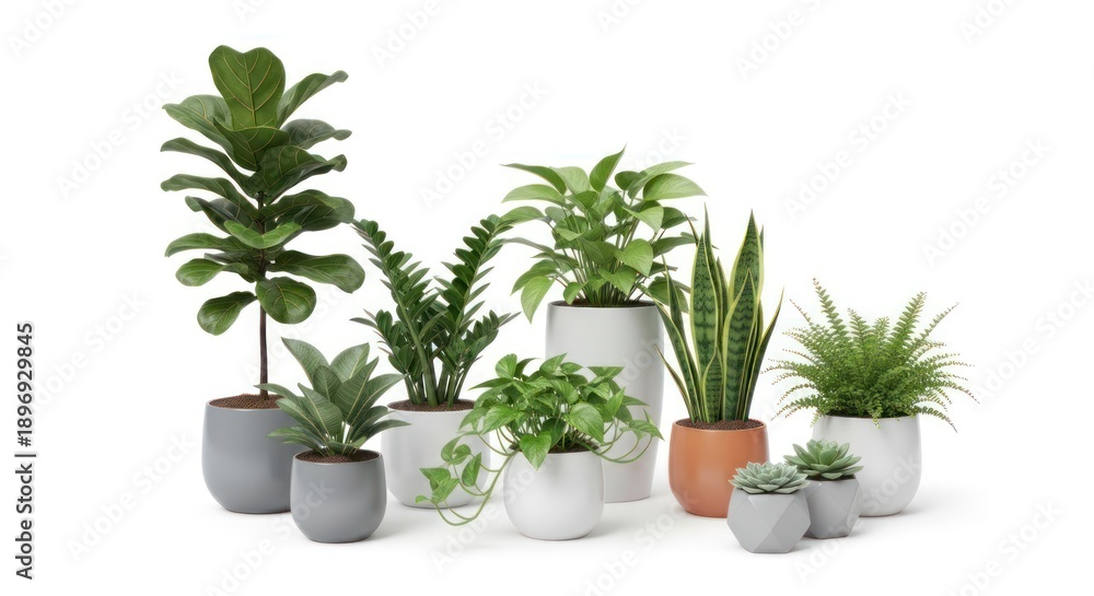 Fototapeta premium A collection of potted plants arranged on a white surface, showcasing a variety of greenery and pot designs.