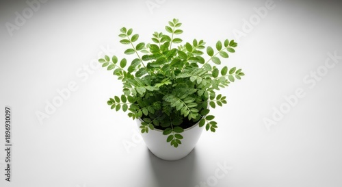 A potted plant with green leaves in a white vase, set against a neutral background.