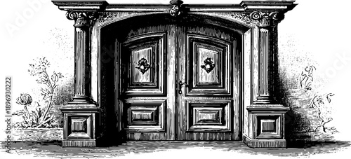 Ornate double wooden door with panels and vintage botanical engraving