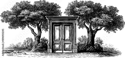Vintage botanical engraving of double wooden doors with nature scene illustration