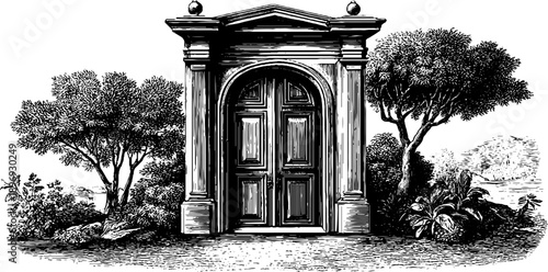 Vintage botanical engraving of a double wooden door with panels and trees