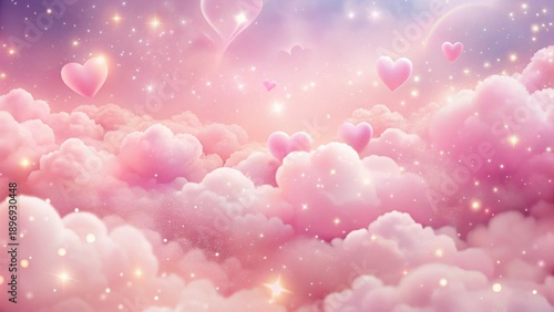 Dreamy pink clouds with sparkling hearts floating in the sky
