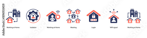 Remote Work Life web banner vector illustration featuring Working at Home, Isolation, Working at Home, Meeting, Login, Wifi signal, and Working at Home.