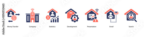 Corporate Operations web banner vector illustration featuring Money Transfer, Company, Statistics, Development, Presentation, Email, and Search.