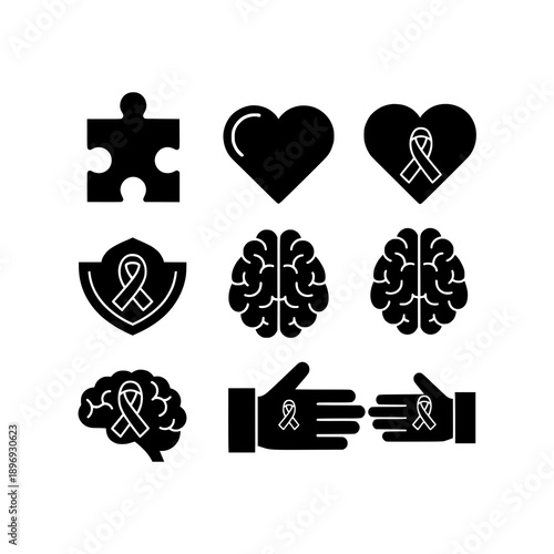 Flat black autism icon vector set for awareness and educational design on white background