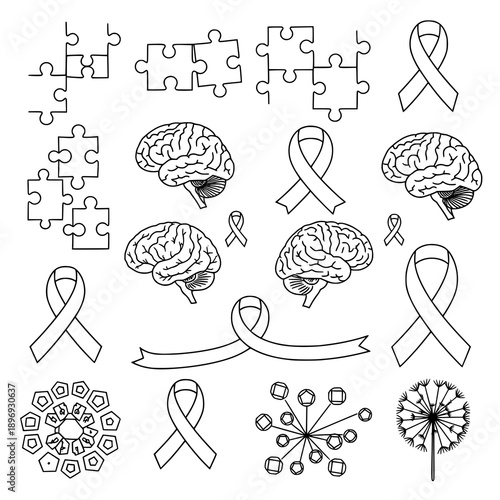 Black autism line art vector set with puzzle and ribbon symbols on white background