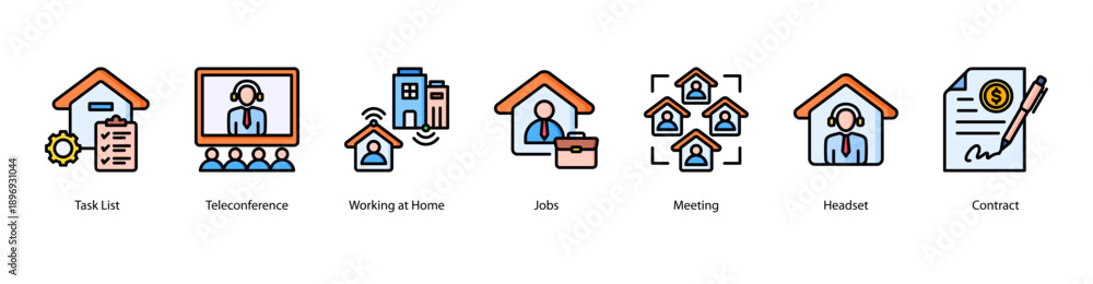 Fototapeta premium Virtual Collaboration web banner vector illustration featuring Task List, Teleconference, Working at Home, Jobs, Meeting, Headset, and Contract.