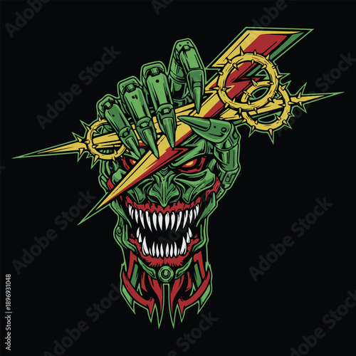 Striking illustration of a menacing cybernetic monster hand with sharp teeth and gears, powerfully clutching a jagged lightning bolt, symbolizing danger and raw energy