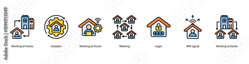 Remote Work Life web banner vector illustration featuring Working at Home, Isolation, Working at Home, Meeting, Login, Wifi signal, and Working at Home.