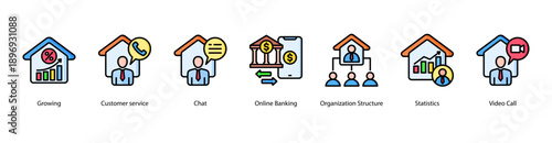 Online Services web banner vector illustration featuring Growing, Customer service, Chat, Online Banking, Organization Structure, Statistics, and Video Call.