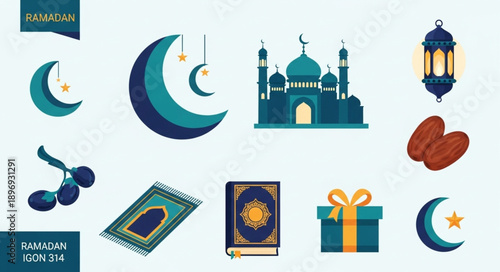 Ramadan Islamic Symbols Collection Mosques Moon Dates Lanterns.