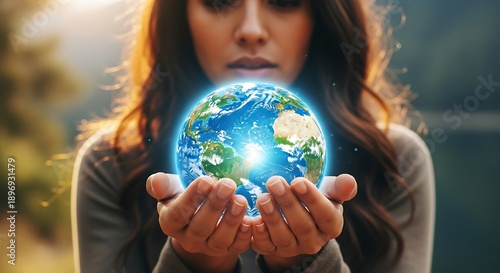Woman holding glowing earth globe symbolizing care for the planet environment and sustainability with a natural outdoor background