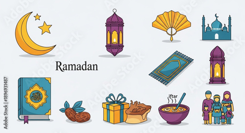 Ramadan Islamic Symbols Collection Crescent Moon Lanterns Mosque Gifts and People.