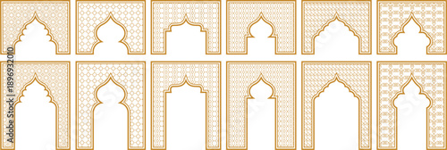 Geometric patterns of traditional islamic arches with detailed lattice designs