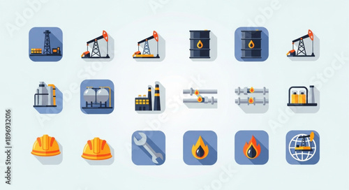 Set of industrial icons representing oil and gas industry elements.