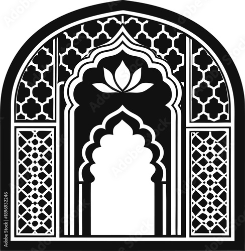 Monochrome arch shape Traditional Indian Mughal door, window with geometric arabesque pattern, silhouette Indian arch. Decorative Grille Ideas, Jali, Wall Separator. Mughal paisley abstract ikat