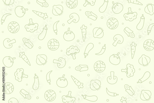 Fresh outlined vegetable seamless pattern showcasing broccoli, carrot, eggplant, chili, mushroom, lettuce, and mixed vegetables on a soft green background. Great for eco-friendly packaging.