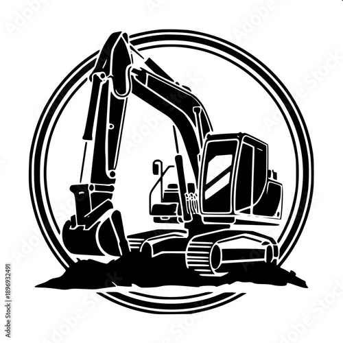 Backhoe construction machine vector art, black and white line and fill style, high detail mechanical parts