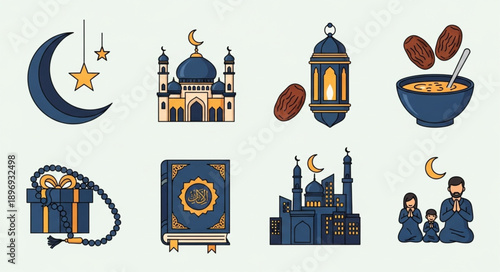 Ramadan Islamic cultural symbols and traditions collection.
