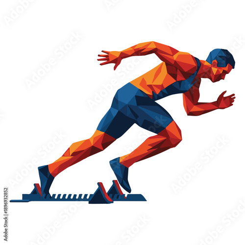 Dynamic geometric illustration of a male athlete in mid-stride, propelled from starting blocks, showcasing speed and competitive spirit in a vibrant polygonal art style