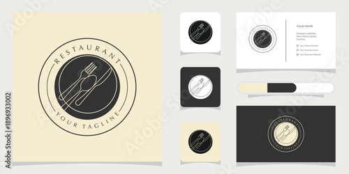 Circular restaurant logo design with fork and spoon elements, perfect for culinary branding and identity