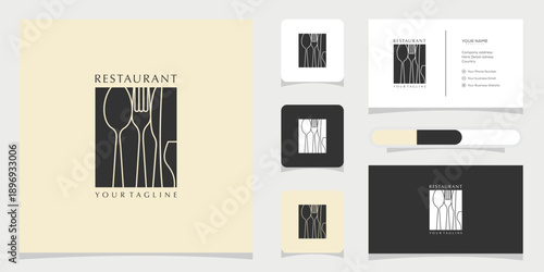 Modern minimalist restaurant branding identity showcasing a sleek cutlery logo design, featuring elegant spoon, fork, and knife graphics for a sophisticated dining establishment