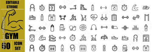 Gym Icons Set – Dumbbell, Barbell, Kettlebell, Treadmill, Yoga Mat, Weight Bench, Protein, Shoes, Stopwatch and Fitness Gear Line Icons, Editable Stroke Vector Illustration for Workout, Training, Spor