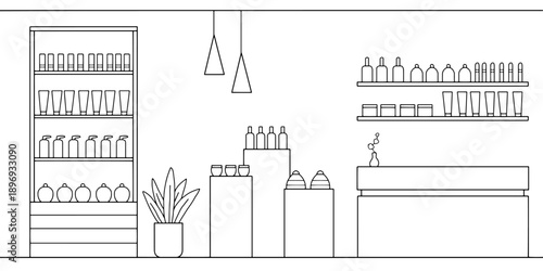 Cosmetics store graphic shop black white interior sketch illustration vector 